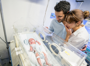 two parents, in the hospital, looking at their newborn in their bassinet