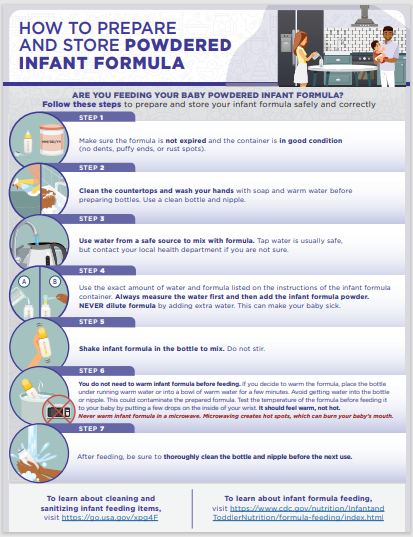 infograph about how to prepare and store powdered infant formula